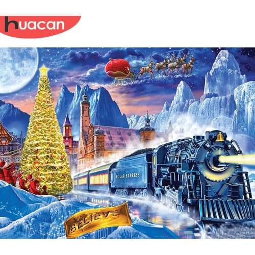 HUACAN 5D DIY Diamond Painting Train Diamond Embroidery Winter Scenery Mosaic Needlework Christmas Decoration