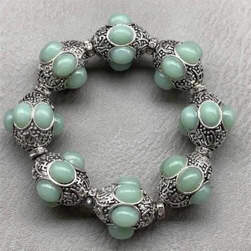 Exquisite Chinese Rare Collectible Tibetan Silver Handwork Inlaid Jade Auspicious Bracelet Statue Handicraft Home Decoration#9