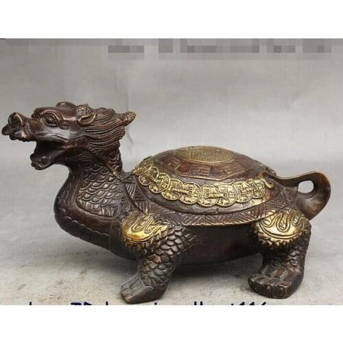 Fengshui China Bronze Gilt Eight Diagrams Dragon tortoise Turtle Wealth Statue