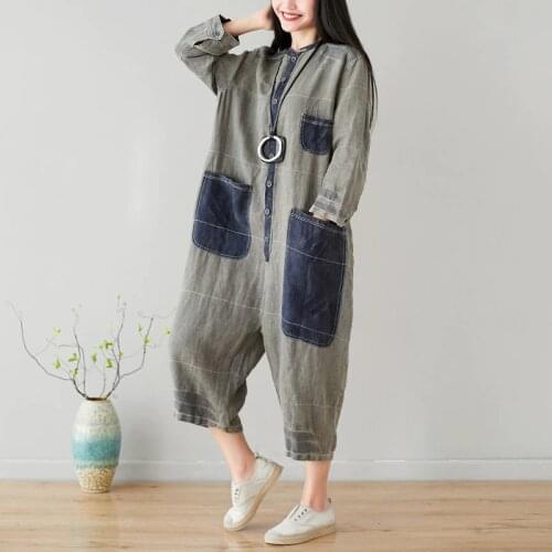 One-piece Rompers Baggy Cotton Linen Long Sleeve Playsuits hip hop Wide Leg Jumpsuit Casual Loose O-Neck hanging crotch Rompers