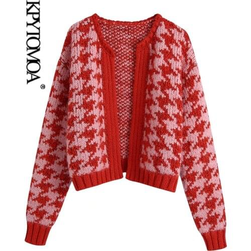 KPYTOMOA Women 2021 Fashion Houndstooth Crop Open Knit Cardigan Sweater Vintage O Neck Long Sleeve Female Outerwear Chic Tops
