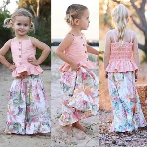 Toddler Kids Baby Girl Summer Clothes T-shirt Tops Floral Skirt Dress Outfit Set