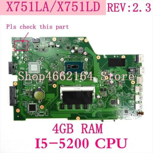 X751LA With I5-5200 CPU 4G RAM REV2.3 Motherboard For ASUS K751L K751LD R752L X751L X751LA X751LN X751LD X751LJ laptop Mainboard