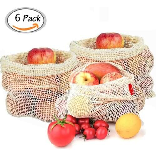 Premium Reusable Mesh / Produce Bags, Set of 6 | Raw, Organic, With Drawstring Home Kitchen Fruit And Vegetable Storage Bag