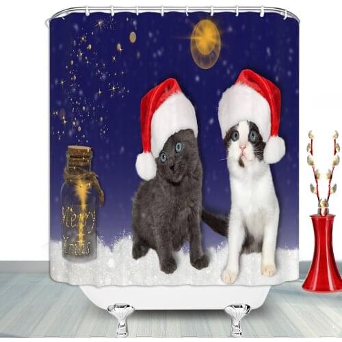 Cute Cat With Christmas Hat Bathroom Shower Curtains Christmas Home Toilet Decor Living Room Bedroom Wall Bathroom Products