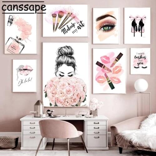 Fashion Wall Art Poster Lipstick Print Makeup Brush Canvas Painting Bouquet Girl Posters Vogue Wall Pictures For Girl Room Decor