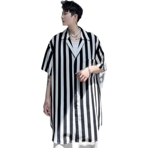 Hiphop Stylish striped shirt men 2021 Summer short sleeve Black and white color Quick dry