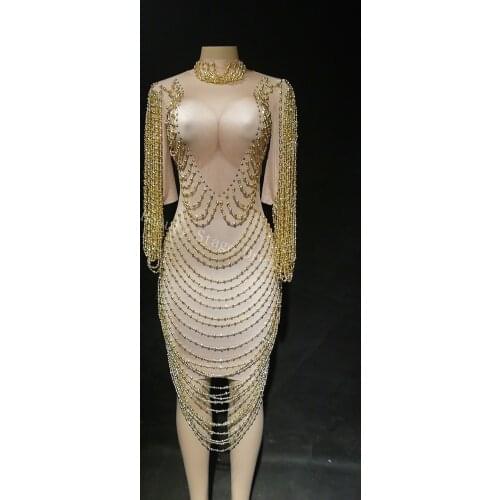 2019 New Women Sexy Dress Gold Pearls Sparkle Rhinestones Nightclub Birthday Party Stage Wear Dancer Singer Dance Costumes DJ DS