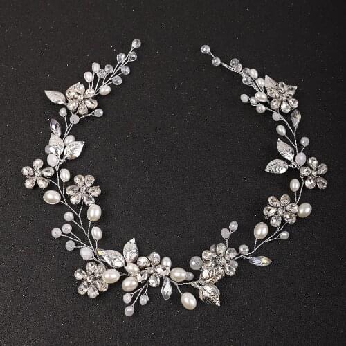 Silver Rhinestones Headbands Pearls Leaves Handmade Hairband Banquet Flower Hairpieces Wedding Hair Accessories for Bride