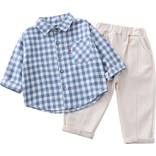 Spring and Autumn Boys Shirt Long Sleeve Set 2020 New Western Handsome Baby Plaid Shirt Childrens Top Khaki Trousers 2Pcs/Set