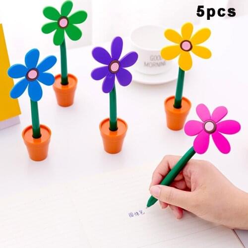 5Pcs/Set 1mm Blue Ink Ballpoint Pen Creative Sun Flower Pen Handle Soft Plastic Potted School Writing Stationery Pen Kids Gift