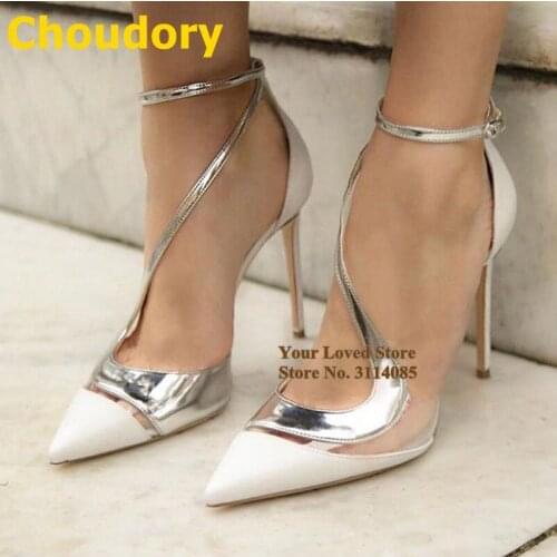 Choudory Silver S-shape Patchwork Dress Shoes Stiletto Heels Transparent PVC Wedding Pumps White Pointed Toe Banquet Shoes