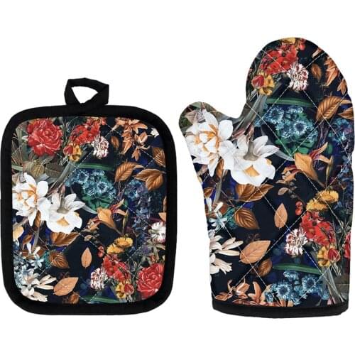 Vintage Microwave Oven Gloves Tropical Floral Printing Oven Mitts and Pot Holders for Kitchen Resistant Protector Bbq Handschoen