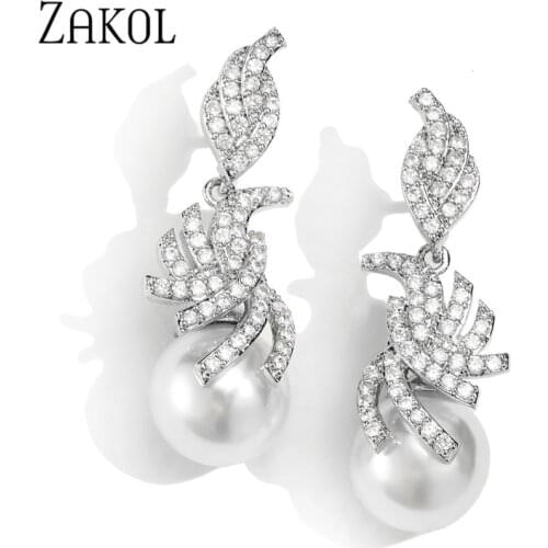 ZAKOL Ladies Noble Pearl Design Crystal Zirconia Wedding Jewelry Drop Earrings for Women FSEP2570