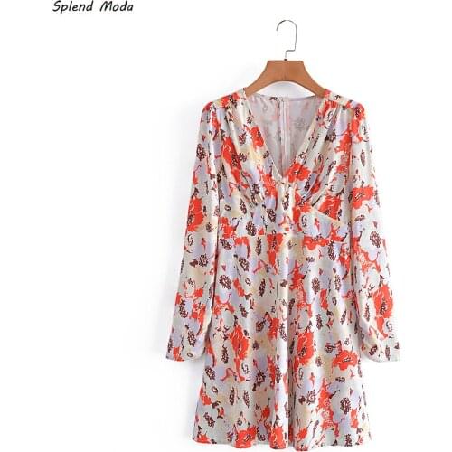 Splend Moda 2021 Early Autumn New Vintage Fashion Slim V-Neck Folds Floral Print A-Line Mini Dress Women Vestido Female Zipper