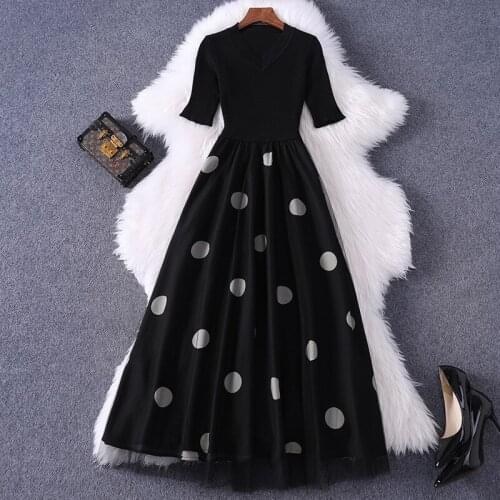 Lady Work Office Dress Runway 2021 new Superior quality autumn women elegant club Dot dress Casual Patchwork mesh long dresses