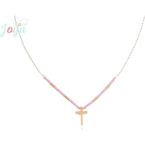 Badu Gold Cross Pendant Necklace For Women Stainless Steel Choker Necklace 2018 New Arrival Pink Beads Jewelry Wholesale