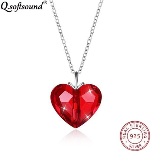 Romantic Heart Red Top Crystal Pendant Necklace Women Real 925 Sterling Silver Choker Chain Jewelry Collier Femme QN328