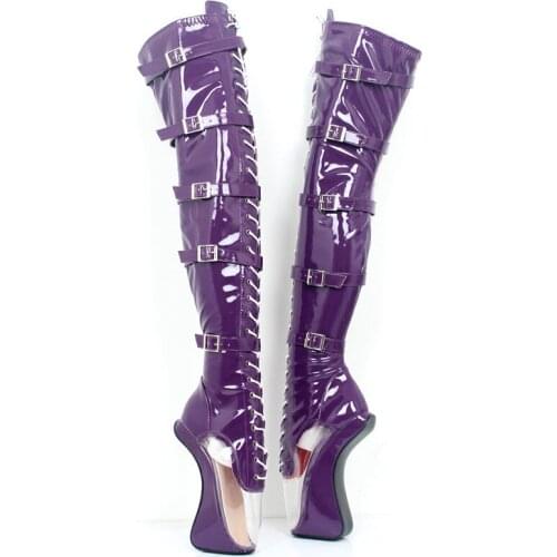 18Cm Super High Heel Hoof Heelless Ballet Boots Fashion Transparent Toe Lace-up Zip Buckle Straps Sexy Fetish Over-Knee Boots Wo