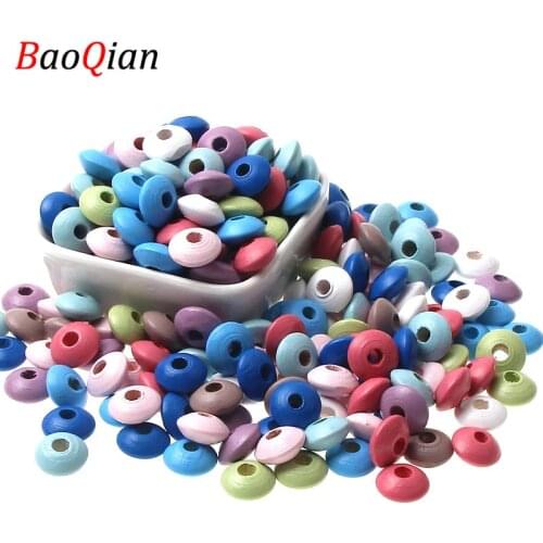 DIY 100Pcs Mixed Flat Round Loose Natural Wooden Beads For Jewelry Making Fit Handmade Childs Woodwork Beaded Toys 12x6mm