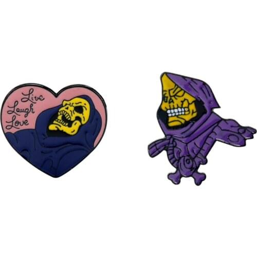 He-Man and the Masters of the Universe Heart Live Laugh Love Skeleton Skull Enamel Brooches Lapel Pins Halloween Jewelry Gifts