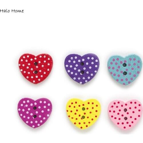 Mix Style Multicolor 50pcs 2 Hole Dot Heart Wood Buttons Clothing Home Sewing Scrapbooking Decor Card Making DIY 17mm