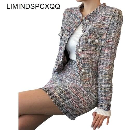 Sexy Two Piece Set Women Skirt Lattice Summer Tweed Short Jacket Pearl Button Slim Fashion Clothing Coats Suits Plus Size 2021