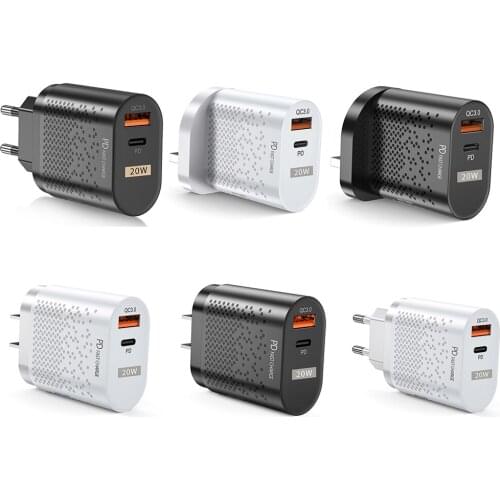 US/EU/UK Plug 2 Port PD 20W Fast Charging 3.0 USB Phone Charger USB-A+Type-C Charger for iPhone 12 11 XS Samsung Power Adapter