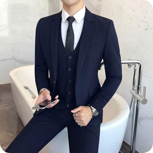 Vintage Navy Blue Wedding Suits Men Classic Man Blazer Slim Fit Groom Tuxedos Custom Made Costume Homme 3Piece Jacket Pants Vest