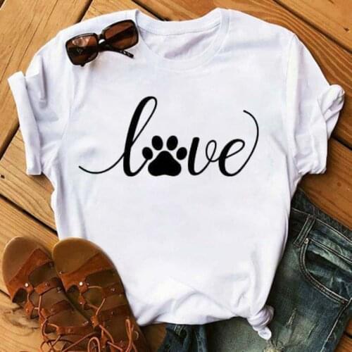 Maycaur Funny Love Dog Paw Print T-shirts Women Fashion Kawaii White Round Neck Shirts Loose Plus Size Tops Tees Mujer Camisetas