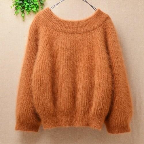Female women autumn winter clothing angora fur knitted slash neck oof shoulder sleeves short cropped pullover jumper sweater top