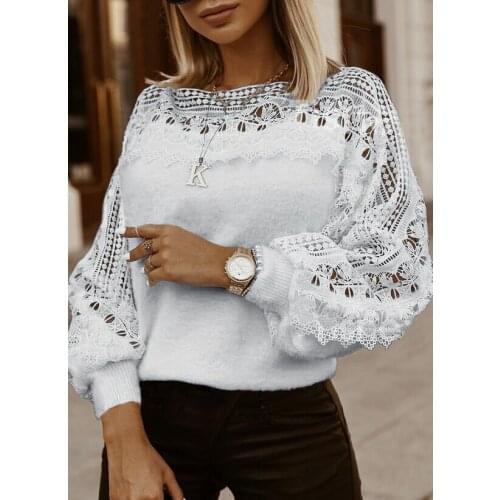 2021 Sexy Tops Ladies Solid Guipure Lace Lantern Sleeve Sweaters Sor Women Long Sleeve Women Sweaters Plush Pullover Streetwear