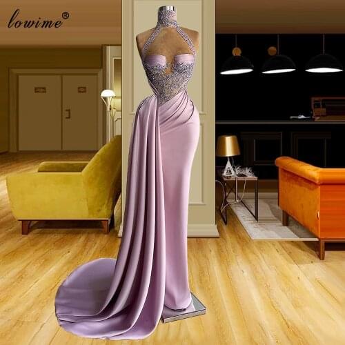 Vestidos De Fiesta Lavander Evening Dresses 2021 Sleeveless Beads Evening Gowns High Neck Elegant Cocktail Dresses Haute Couture