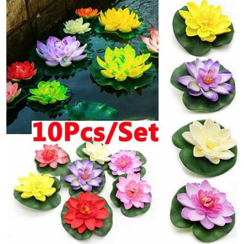 10pc Rtificial EVA Fake Lotus-Leaf Flowers Water Lily Floating Pool Plants Decor Party Home Garden Desktop Fish Tank Pool Decora