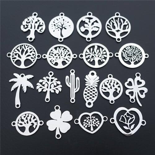 2 Loops Stainless Steel Life of Tree 4 Leaf Clover Coconut Pineapple Cactaceae Connectors Jewelry Findings Component 50pcs Mix