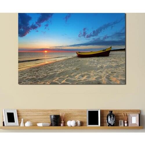 Wooden Boat Sandy Beach Sunset Seascape Wall Art Canvas Poster And Print Canvas Painting Decorative Picture Bedroom Home Decor