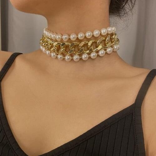 Lifefontier Vintage Multi-layer Pearl Choker Necklace For Women Gold Color Metal Chunky Cuban Thick Chain Necklace Jewelry 2021