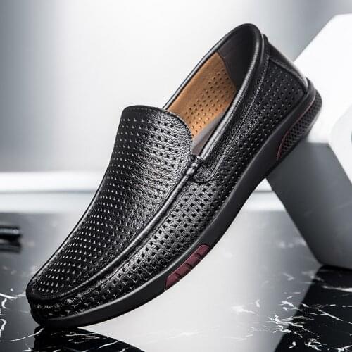 Genuine Leather Men Casual Summer Shoes Hollow Out Breathable Loafers High Quality Business Dress Shoes Lace-up Mesh Gents Shoe