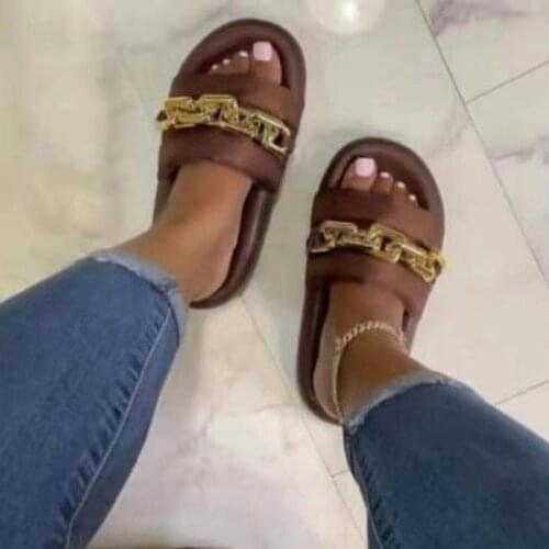 Women Metal Chain Summer Sandals Flat Open Toe Flip Flops Comfortable Platform Female Shoes Women Loafers Lazy Black Slippers