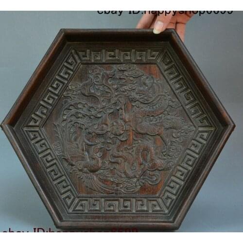 Old Chinese HuaLi Wood Dragon Phoenix Six Horn Tray Plate Dish Hollowware Statue