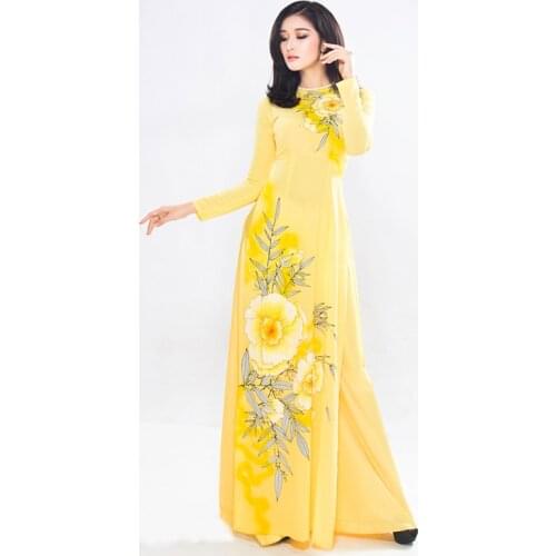 Yellow aodai vietnam clothing cheongsam aodai vietnam dress vietnamese traditional cheongsam dress 2 pcs show clothing