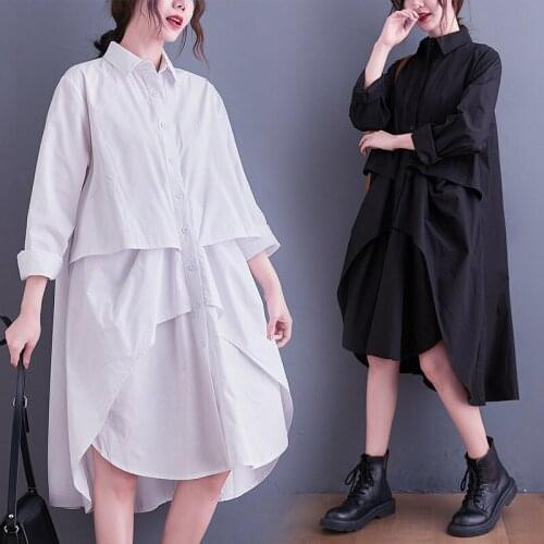 Plus Size Women Dress Shirt Button Cardigan Cotton Long Sleeve Office Lady Vestidos Loose Spliced Oversize Spring Clothing