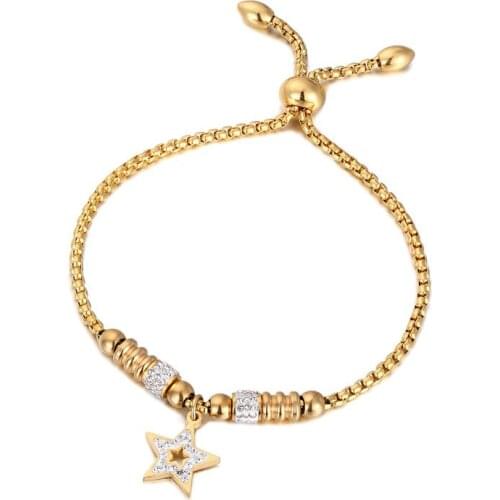 Beautiful Adjustable Size Zircon Star Bracelet for Women Stainless Steel Bead snake chain Bracelet Gold plating jewelry