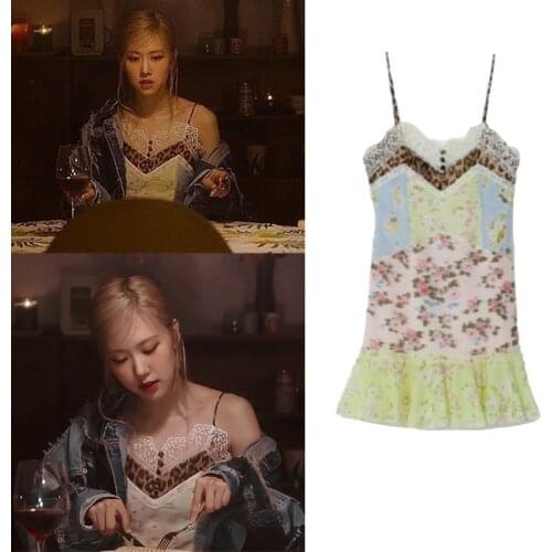 Kpop Korean Celebrity ROSE Summer Sexy Strapless Patchwork Dress Women Plus Size V-neck Lace Sling Slim Party Backless Dresses