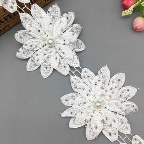 1 yard White Pearl Rhinestones Flower Embroidered Lace Trim Ribbon Fabric Sewing Supplies Craft DIY For Costume Dress Hat Decor