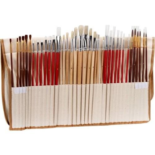 38 Pcs Paint Brushes Set with Canvas Bag Case Long Wooden Handle Synthetic Hair Art Supplies for Watercolor Painting