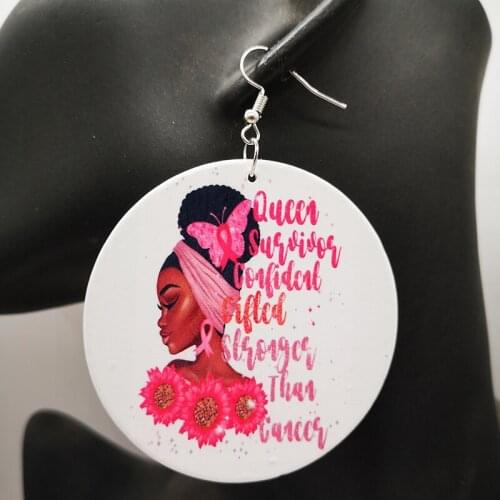 Free Shipping! Wooden Round Breast Cancer Earrings