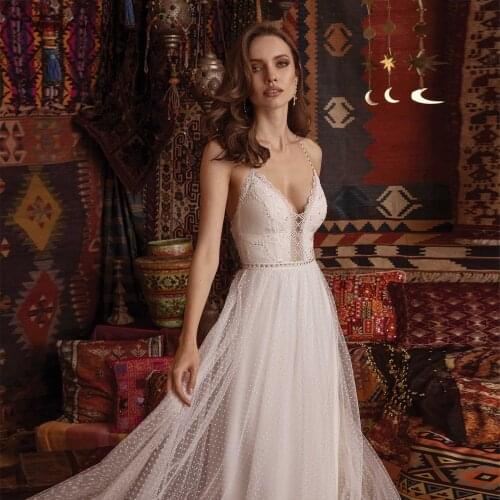 Bohemian Wedding Dresses Beaded Spaghetti Straps Lace Polka Dot Tulle Beach Bridal Gowns Sexy Backless Bride Dress Boho 2021