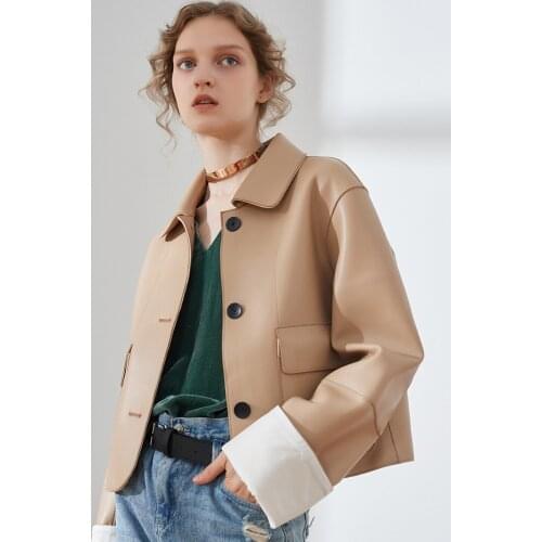 Sheepskin 2021 new double patch bag crimping spring autumn genuine leather jacket women short fashion Streetwear clothes y2k