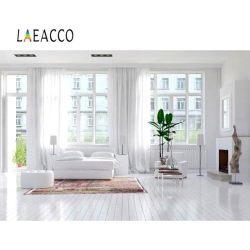 Laeacco French Window Curtain Sofa White Floor Green Leaves Interior Portrait Photography Background Photo Backdrop Photo Studio